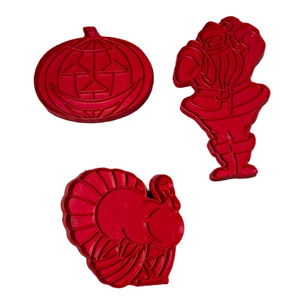 Tupperware Vintage Set of 3 Plastic Holiday Cookie Cutters Pumpkin, Santa Turkey